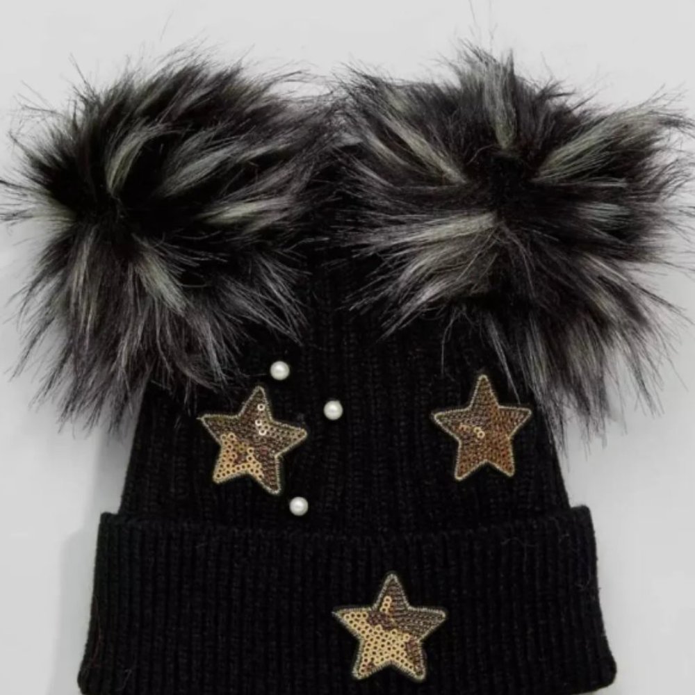 Double Pom Pom Plush Lined Rib Knit Beanie